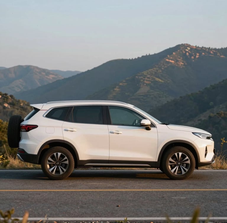 Side view of a spotless white multi-utility vehicle parked on a scenic mountain road during golden hour, clear soft light, spacious background
