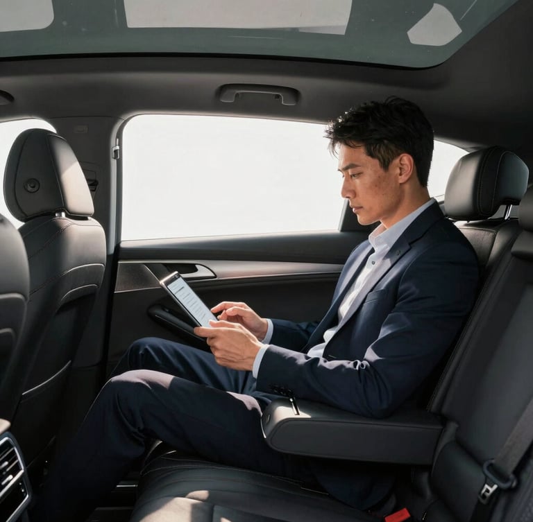 A medium shot of a spotless premium SUV cabin interior, a businessman working on a tablet in spacious rear seats under bright morning light.