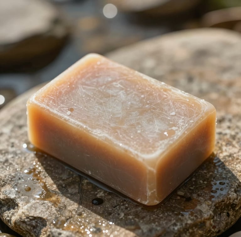 Close-up of a textured solid shampoo bar resting on a damp river stone, natural morning light casting soft shadows, warm editorial photography style.