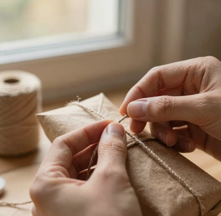 Hands carefully stitching a rustic kraft paper package with thick cotton thread, soft golden hour window light, warm earthy tones, macro texture.