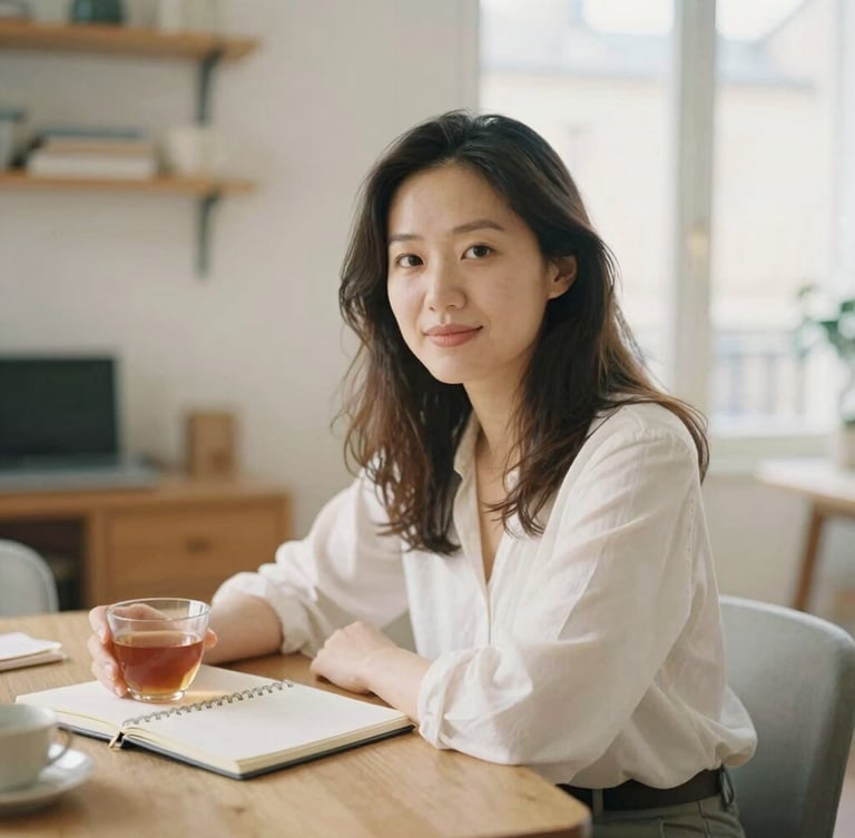 Warm editorial portrait of a female founder in a light-filled Parisian apartment, sitting near a wooden table with a notebook and tea, soft morning light, gentle pastel tones, shallow depth of field.