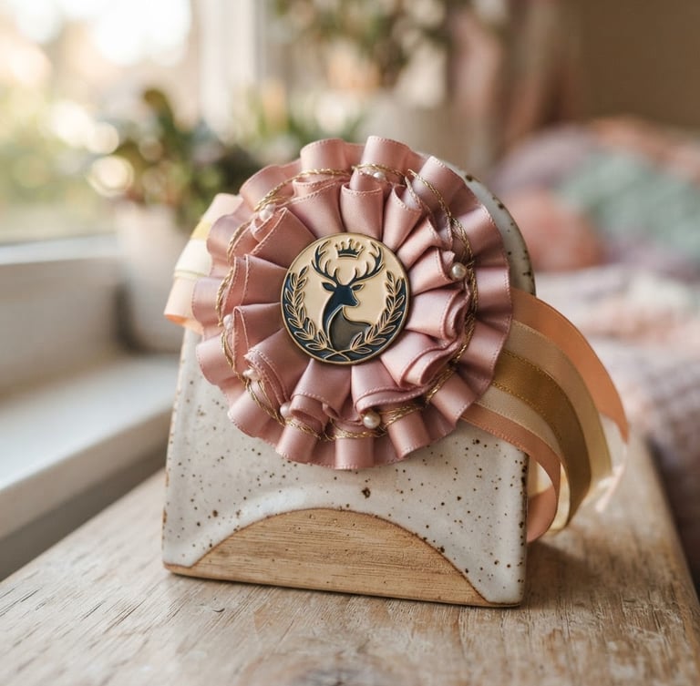 Macro close-up of a hand-pleated satin rosette holding an elegant character badge, sitting on a custom-fired ceramic display stand, soft morning window light, shallow depth of field