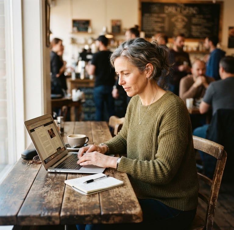 Local entrepreneur, a woman in her 40s, working on a laptop at a rustic wooden table in her bustling community cafe. Warm natural window light, candid framing, shallow depth of field, 35mm.
