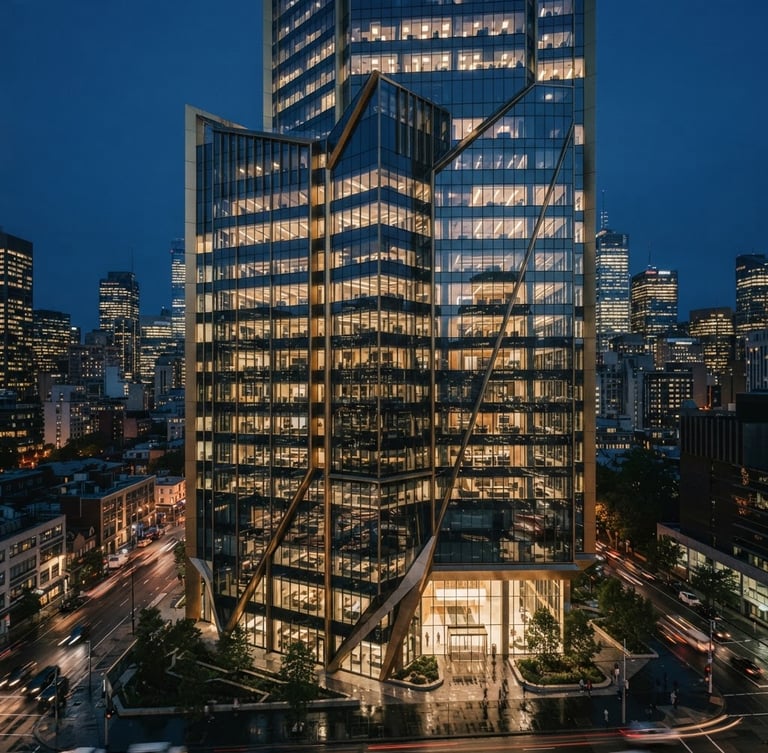 Wide panoramic view of a modern high-rise office building facade at dusk, reflecting city lights, with sharp architectural lines and subtle brushed gold accents, moody corporate lighting, 35mm