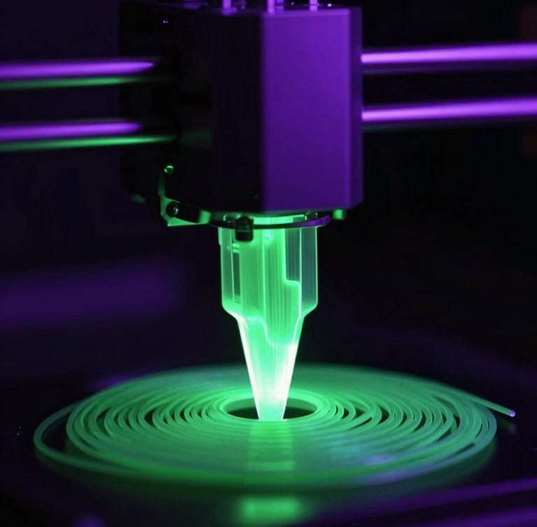 Macro close-up of a glowing 3D printer nozzle extruding toxic green filament, low-key lighting, neon purple rim light, high contrast, sharp details, 35mm