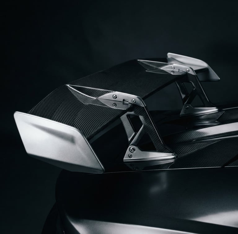 Low-key dramatic studio lighting on a sleek carbon-fiber supercar rear wing, sharp angles, metallic silver reflections, 35mm anamorphic
