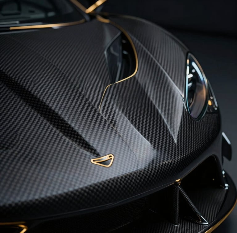 Extreme close-up of a carbon fiber weave on a supercar splitter, dramatic low-key studio lighting, metallic gold rim accents, shallow depth of field, 35mm anamorphic