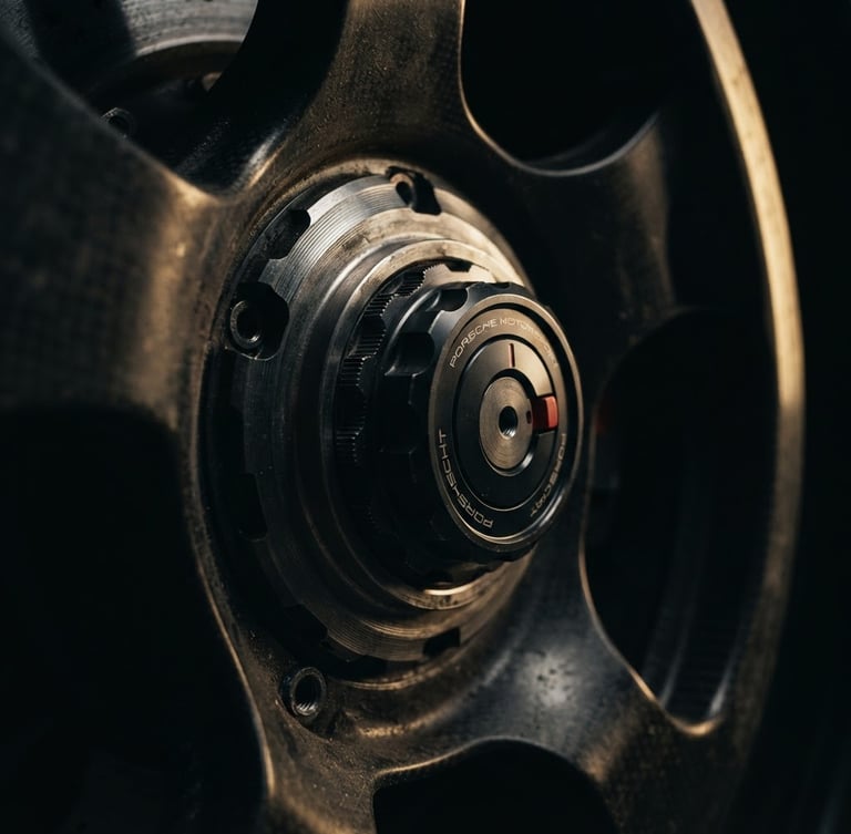 Cinematic extreme macro close-up of a machined billet-aluminum wheel center lock, dramatic low-key studio lighting with golden-hour rim highlights, 35mm anamorphic.