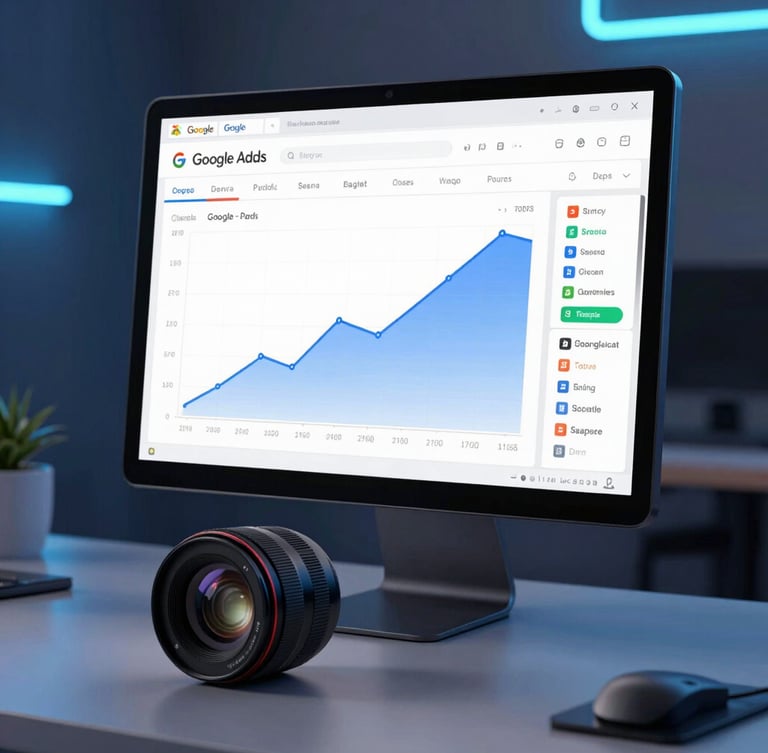 Sleek tech photography, cool studio lighting with neon blue accents, sharp focus, high-end monitor displaying clean Google Ads analytics dashboard with rising charts, modern workspace aesthetic, 35mm lens