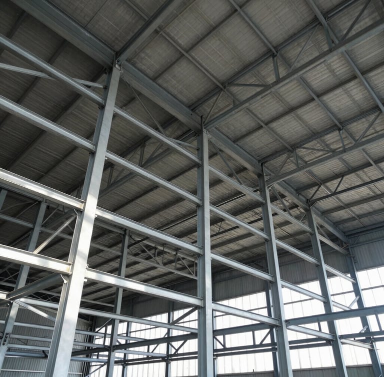 Low angle shot of a completed industrial warehouse interior, massive steel framework, emphasizing height and metallic textures, crisp architectural photography.