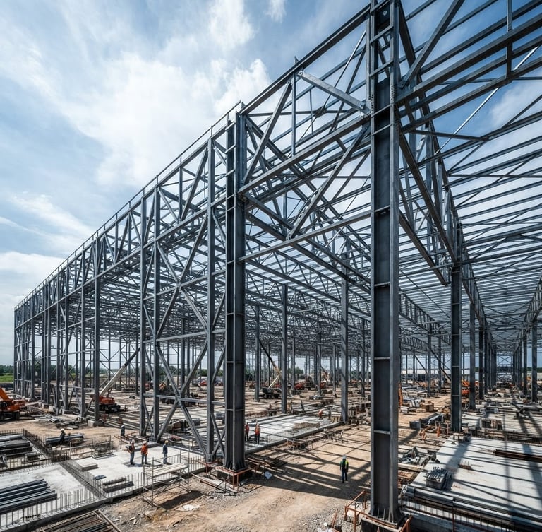 Wide angle architectural shot of a massive steel framework of an industrial logistics center under construction, high-contrast daylight, cool metallic tones