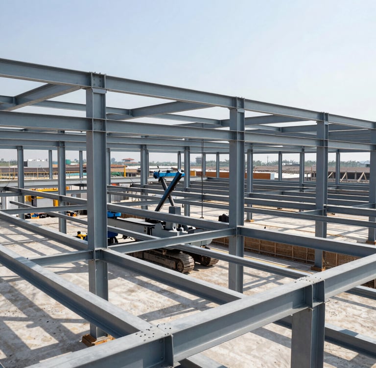 Wide architectural shot of a complex steel framework site, crisp high-contrast daylight, deep shadows, cool metallic tones, emphasizing massive structural joints and heavy machinery in operation.