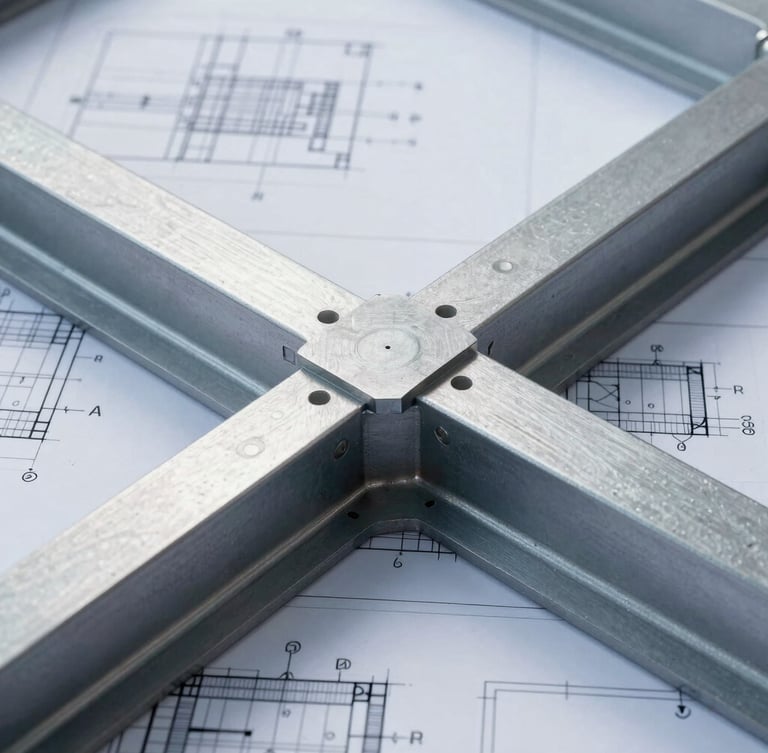 Macro shot of precise engineering blueprints overlaid on a heavy structural steel joint, crisp industrial lighting, cool metallic tones