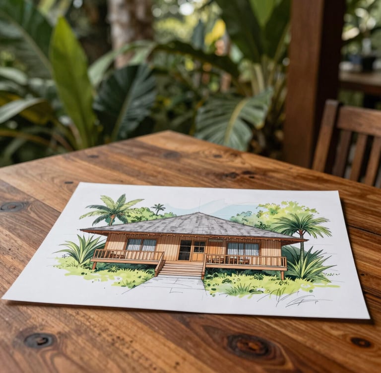 Architectural sketch of an eco-lodge overlaying a physical teak wood table, warm tropical daylight, rich organic tones with deep greens, crisp medium format.