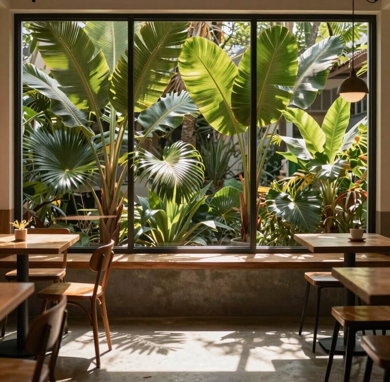 Warm editorial photography of a modern minimalist cafe interior, sunlight casting soft architectural shadows across a concrete floor, rich tropical foliage visible outside the large window, crisp medium format.