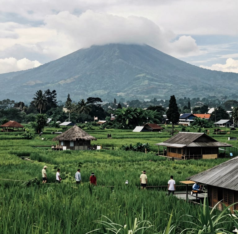 Medium-shot portrait of an Indonesian agricultural student inspecting organic crops in a bright, sunlit Lombok field, warm natural daylight.