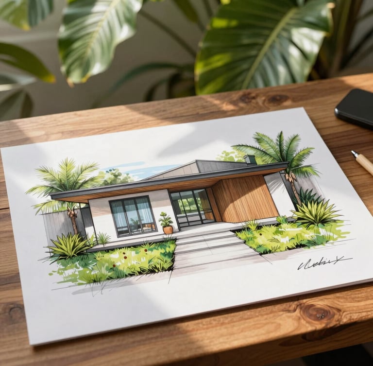A clean, modern architectural home design sketch on a wooden desk with warm tropical light filtering through leaves, high-end editorial feel.