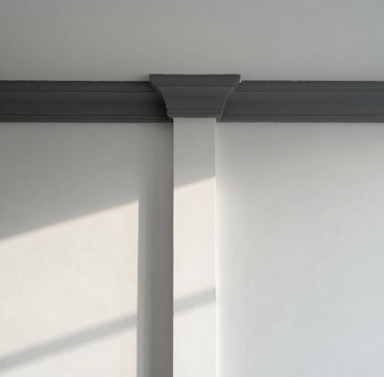 Symmetrical architectural portrait of a pristine white interior wall meeting crisp dark grey trim, sharp-line tape being peeled back cleanly, bright natural morning light, dust-free surface.