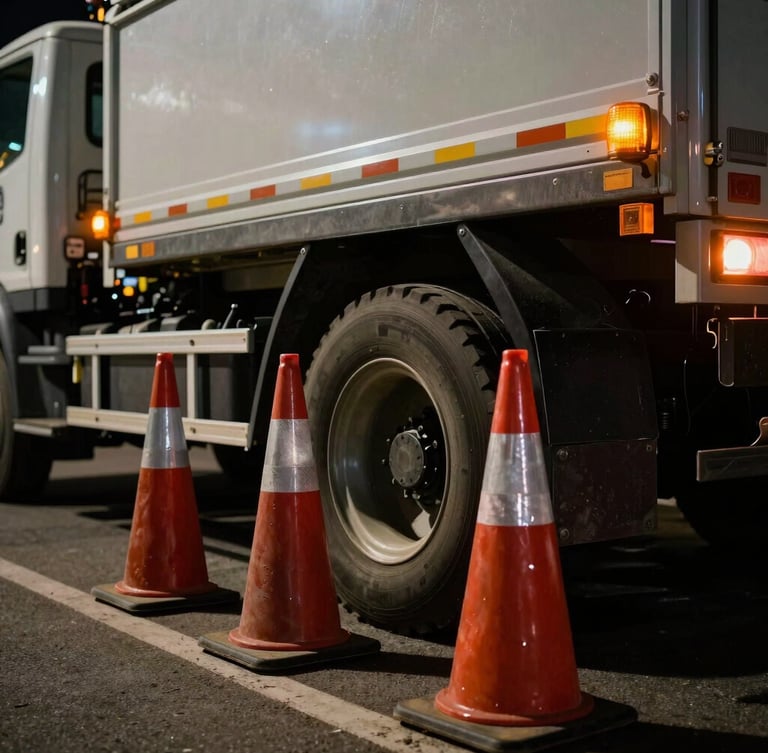 Low-angle close-up of a heavy-duty mobile service truck's rear wheel, safety cones in sharp focus, dramatic nighttime roadside amber-beacon illumination, 35mm