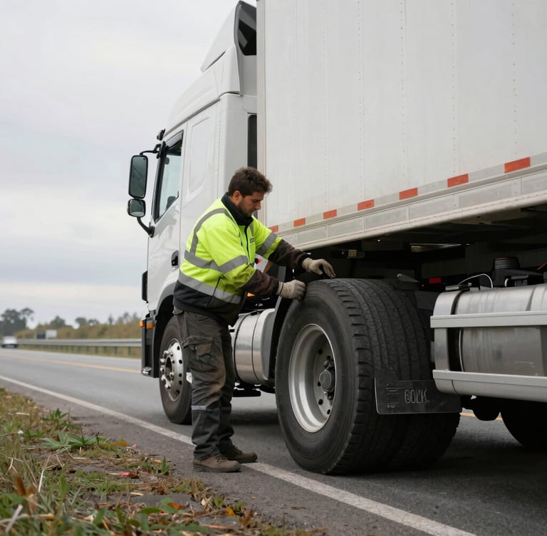 Close-up of a heavy-duty impact wrench mounting a massive semi-truck tire on the roadside, high-contrast daylight, 35mm