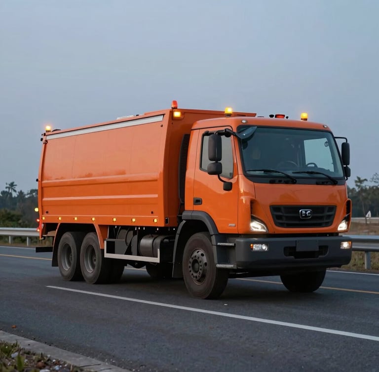 Wide environmental shot of a heavy-duty orange service truck parked on a highway shoulder at dusk, amber safety beacons flashing, sharp focus, 35mm