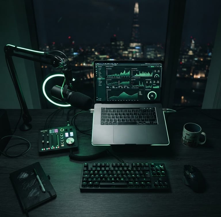 Sleek modern workspace in London, overhead shot of a high-end laptop showing data dashboards, professional podcast microphone, low-key studio lighting with sharp electric green rim light