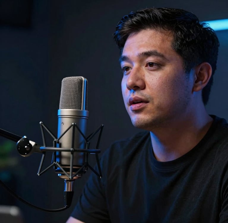 Close-up of a professional male podcast host speaking into a high-end studio microphone, moody low-key studio lighting with cool blue rim light, sharp focus