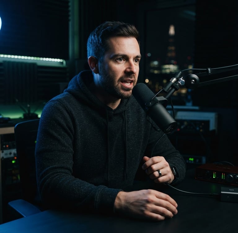 Medium shot of a male podcast host speaking into a professional condenser microphone in a dark London studio, moody low-key lighting with cool blue rim light, sharp focus