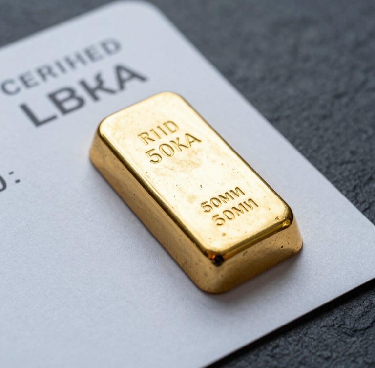 Extreme macro close-up of a certified LBMA gold bar assay card on a dark slate surface, cool diffused studio light, showing physical texture, 50mm