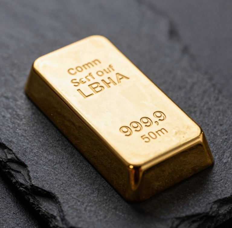 Extreme macro close-up of a certified LBMA gold bar with a visible serial number and 999,9 purity stamp, resting on a dark slate surface, cool diffused studio light, 50mm