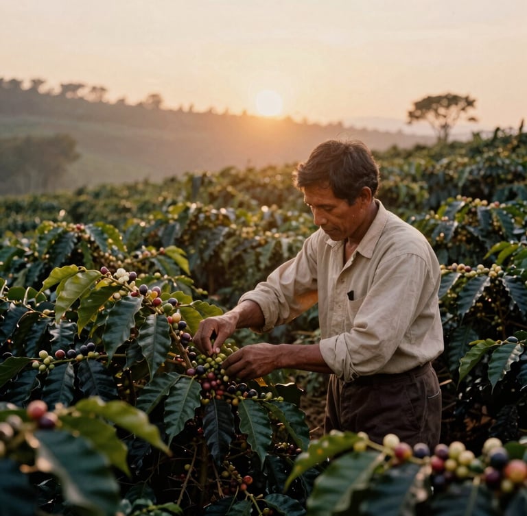 Vintage photograph of a coffee plantation worker carefully tending to coffee plants at sunrise, wide shot with rich textures and warm golden light, shallow depth of field, 35mm film aesthetic, panoramic 21:9 frame.