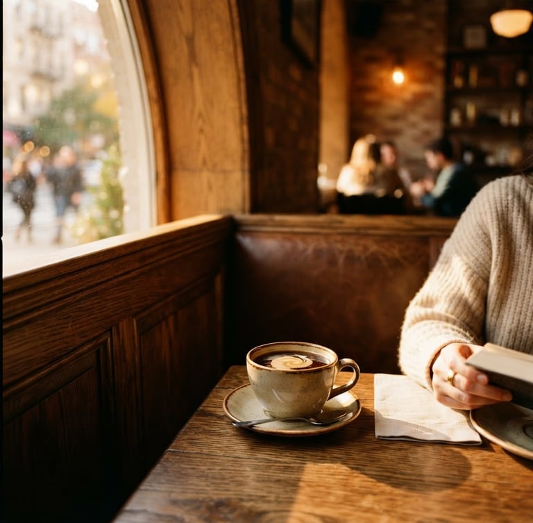 A warm, sun-drenched corner booth in a luxury café, rich oak wood textures, golden-hour window light casting deep shadows on a ceramic coffee cup, editorial 35mm photography.
