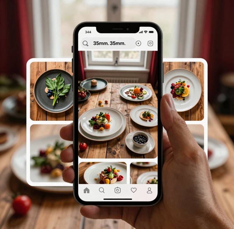 Overhead flat-lay of a curated Instagram feed layout on a smartphone screen, showcasing minimalist Scandinavian-style plated dishes, rustic wooden tables, and fresh organic ingredients, warm soft window light, rich crimson accents.