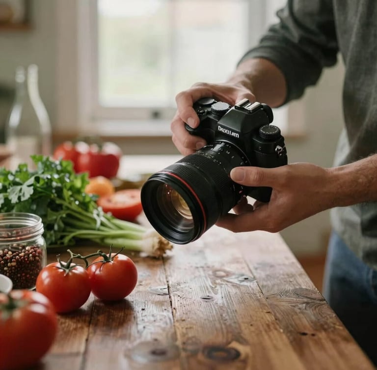 Candid shot of a photographer adjusting a camera lens over a beautifully styled rustic table with fresh ingredients, warm editorial tone, shallow depth of field, 35mm.