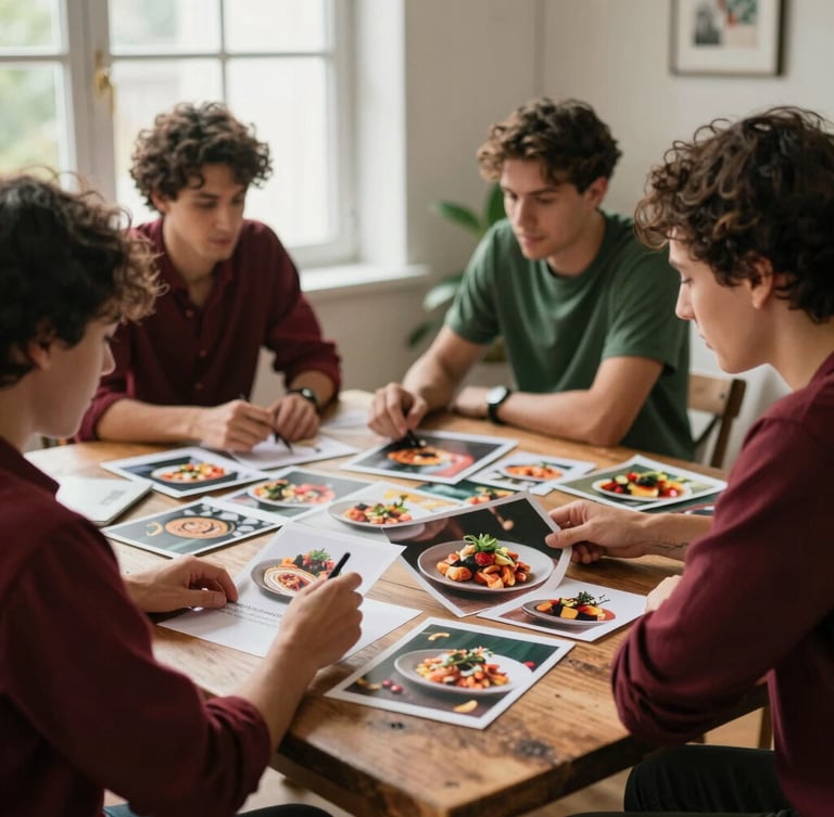 Candid behind-the-scenes shot of a creative digital marketing team collaborating in a sunlit studio, reviewing food photography mood boards on a rustic wooden table, soft natural window light, rich crimson tones, shallow depth of field, 35mm