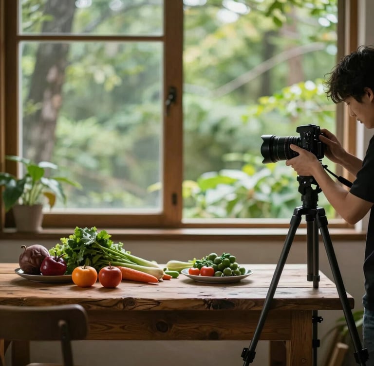Candid behind-the-scenes shot of an agency photographer adjusting a camera on a tripod over a rustic wooden table with fresh ingredients, soft natural window light, rich forest green tones.