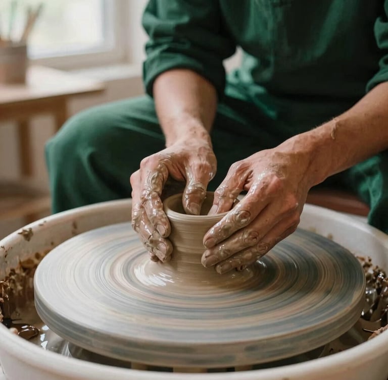 Close-up of a ceramicist's hands shaping clay on a potter's wheel, focus on the texture of the clay, warm studio light, behind-the-scenes, 35mm