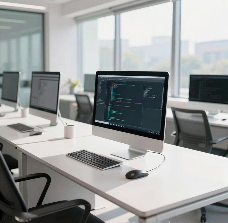 An elegant, bright professional workspace in New Delhi, sunlight streaming through large windows, clean white desks with modern monitors displaying code, subtle teal accents, sharp focus, editorial style.