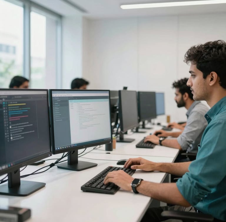 A bright, high-tech workspace in New Delhi with software engineers collaborating over screens, clean white and teal tones, professional environments, sharp focus.