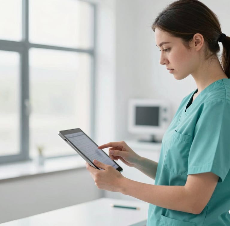 A clean, modern clinical environment with a medical professional in soft teal scrubs reviewing data on a tablet, bright natural daylight, crisp corporate photography.