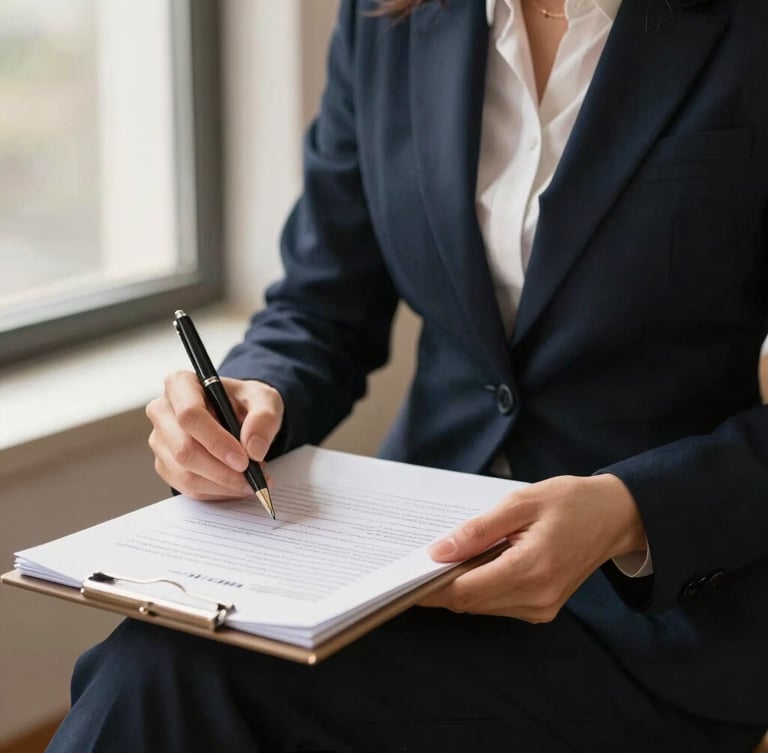 Close-up of a professional woman reviewing official legal documents with a pen, soft natural window light, warm editorial style, navy and champagne tones