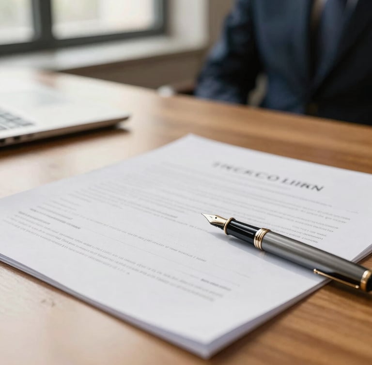 Close-up of legal documents and a fountain pen on a warm wooden desk, soft natural morning light, sophisticated corporate lawyer office setting