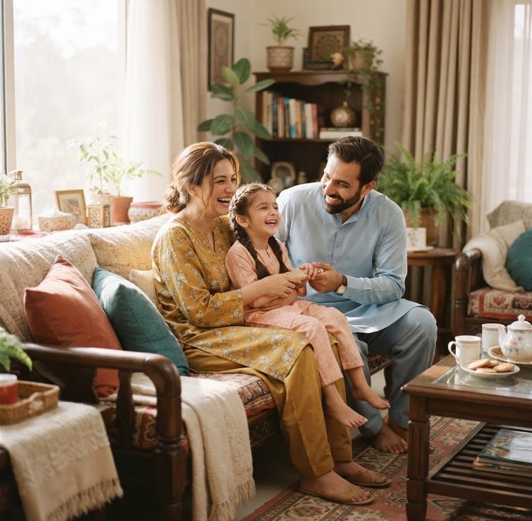 Warm environmental photograph of a Pakistani family interacting naturally in a sunlit living room, soft morning daylight, shallow depth of field, 35mm