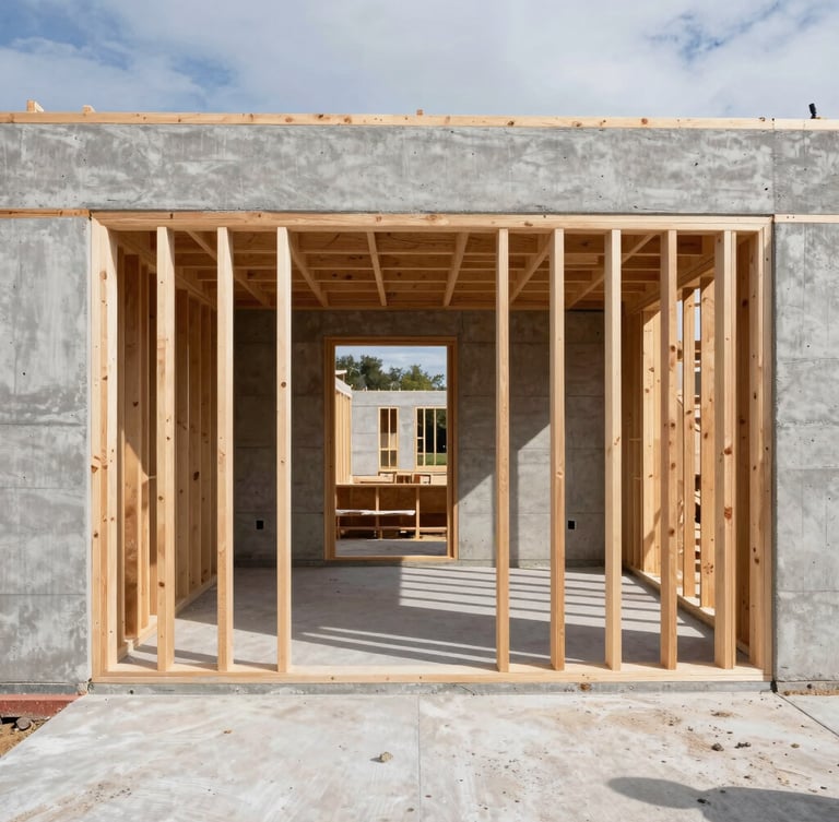 Straight-on architectural elevation of an active, highly organized custom residential construction site, raw timber framing meets poured concrete walls, crisp shadows from hard natural daylight, dust-free concrete slab floor, 50mm lens.