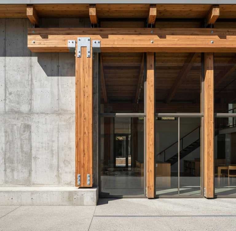 Straight-on architectural elevation of raw concrete meeting massive timber framing, sharp focus, hard natural daylight casting crisp linear shadows