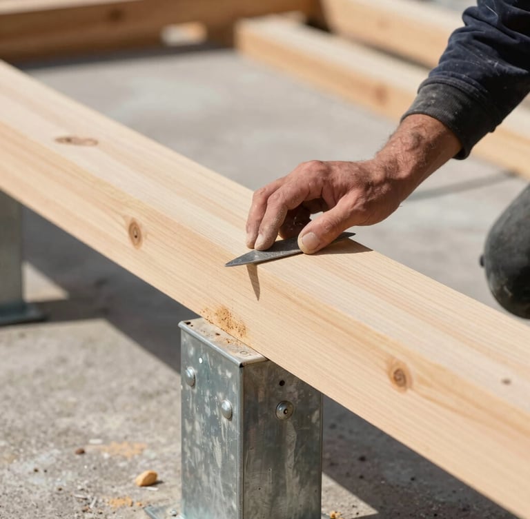 Close-up of a master carpenter hand-fitting a heavy timber beam to a steel structural column, dust-controlled site, sharp focus, 50mm lens.