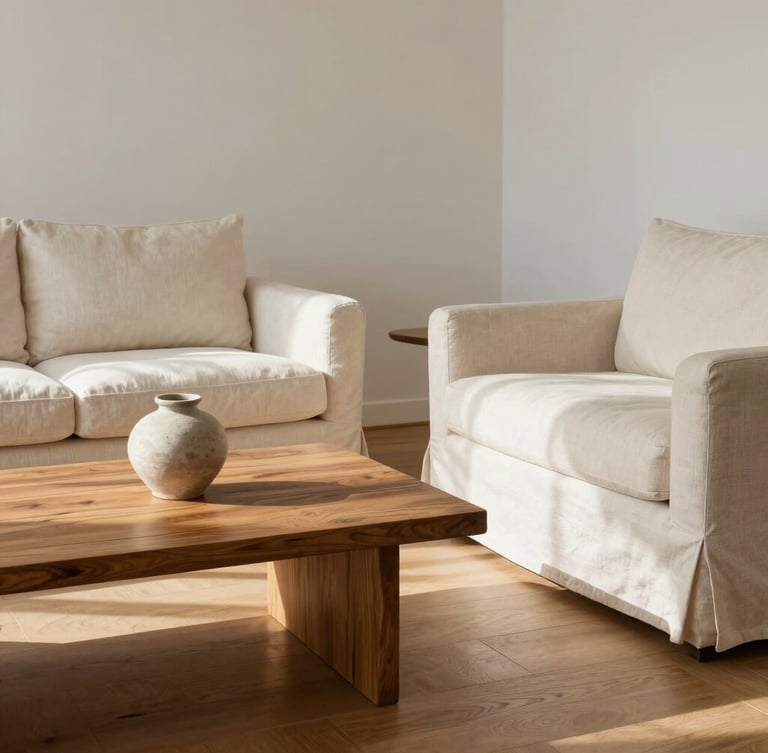 A minimalist, sunlit living room with pristine cream linen sofas, a polished oak coffee table holding a single ceramic vase, soft morning light casting gentle shadows across clean hardwood floors.