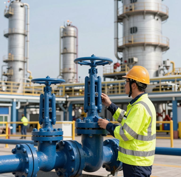 Industrial inspector in high-visibility PPE examining a complex steel valve system on an onshore refinery, crisp daylight, professional 35mm photography