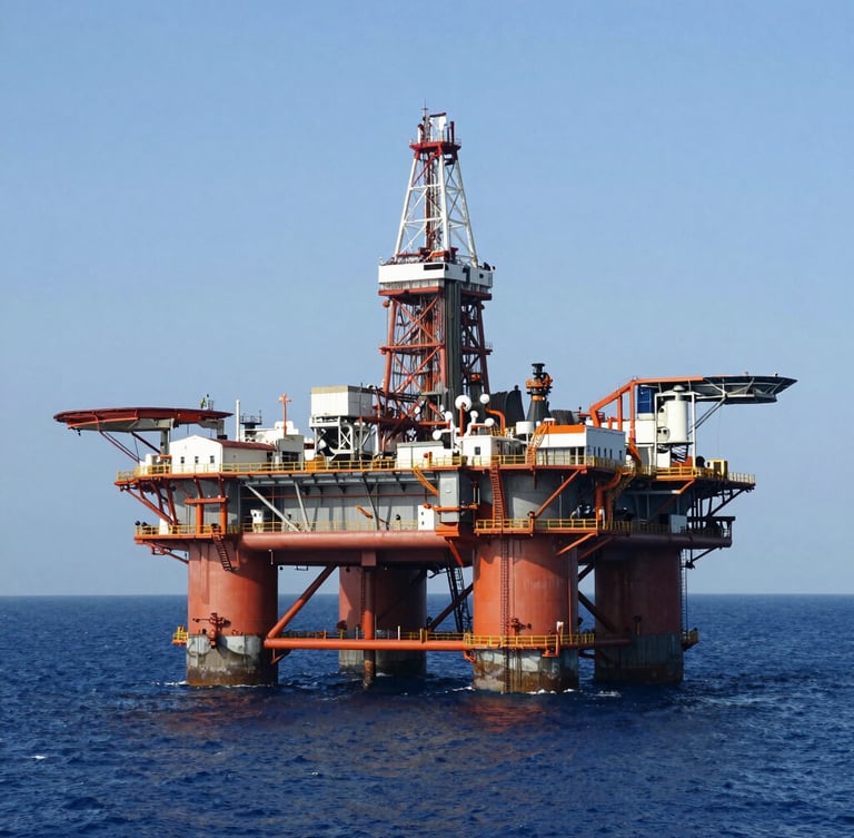 Wide environmental shot of a massive offshore oil rig at sea during crisp daylight, deep blue ocean, safety orange accents on the structure, industrial editorial style, 35mm.