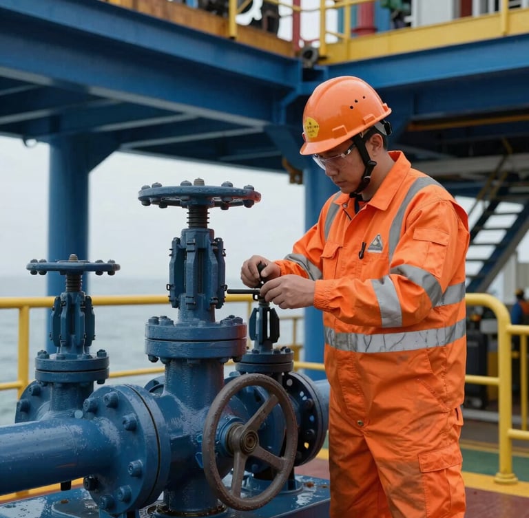 Medium shot of an industrial inspector in high-visibility orange PPE and hardhat examining a complex steel valve assembly on an offshore platform, daylight, technical editorial style, 35mm